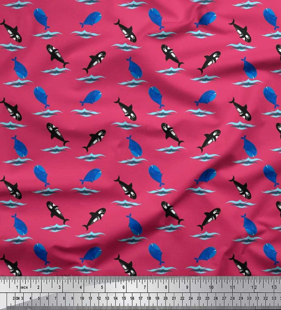 Soimoi Japan Crepe Satin Fabric Waves,Whale & Dolphin Ocean Decor Fabric Printed metre 42 Inch