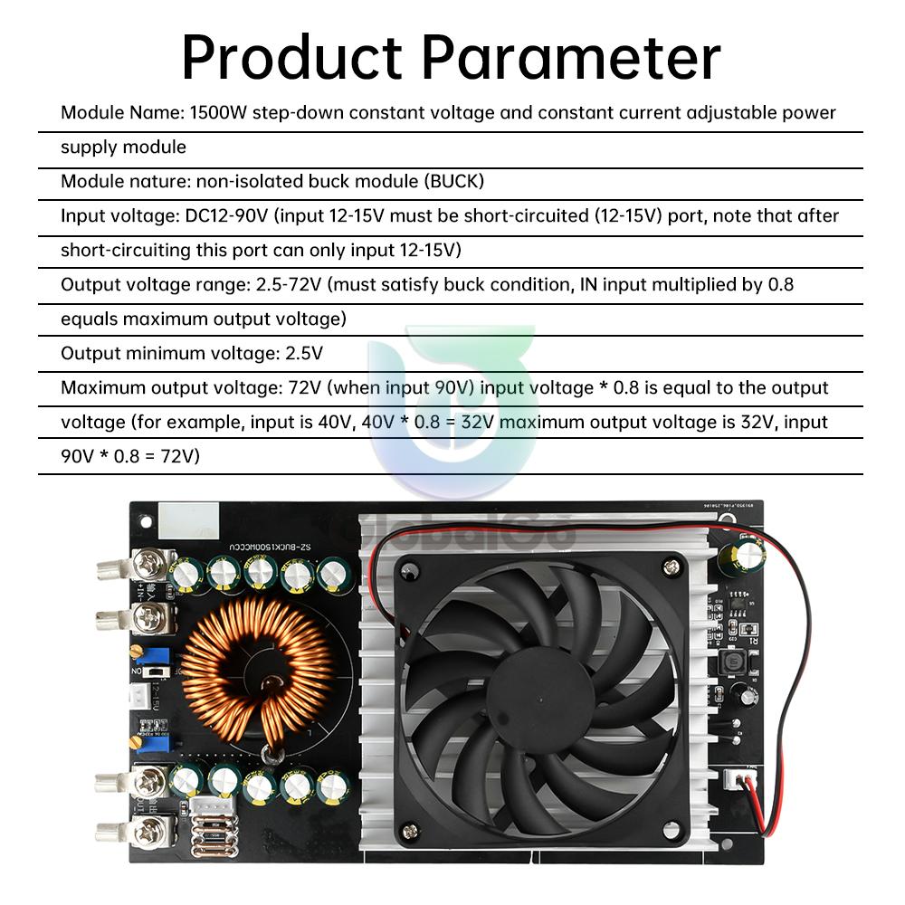1500W Adjustable Step Down Module With LED Voltmeter Ammeter DC15V-90V to DC2.5V-72V 1.5-50A Constant Voltage and Current Module