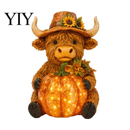 Outdoor Garden Decorative Lights Solar Highland Cow Lamp, Sunflower Statue with Lighted Pumpkin, Resin Weather Resistant Patio Decor LED Light 1pc