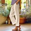 Women Pants Mid-rise Elastic Waist Leisure Pants Solid Color Straight Wide-Leg Casual Pants with Pockets