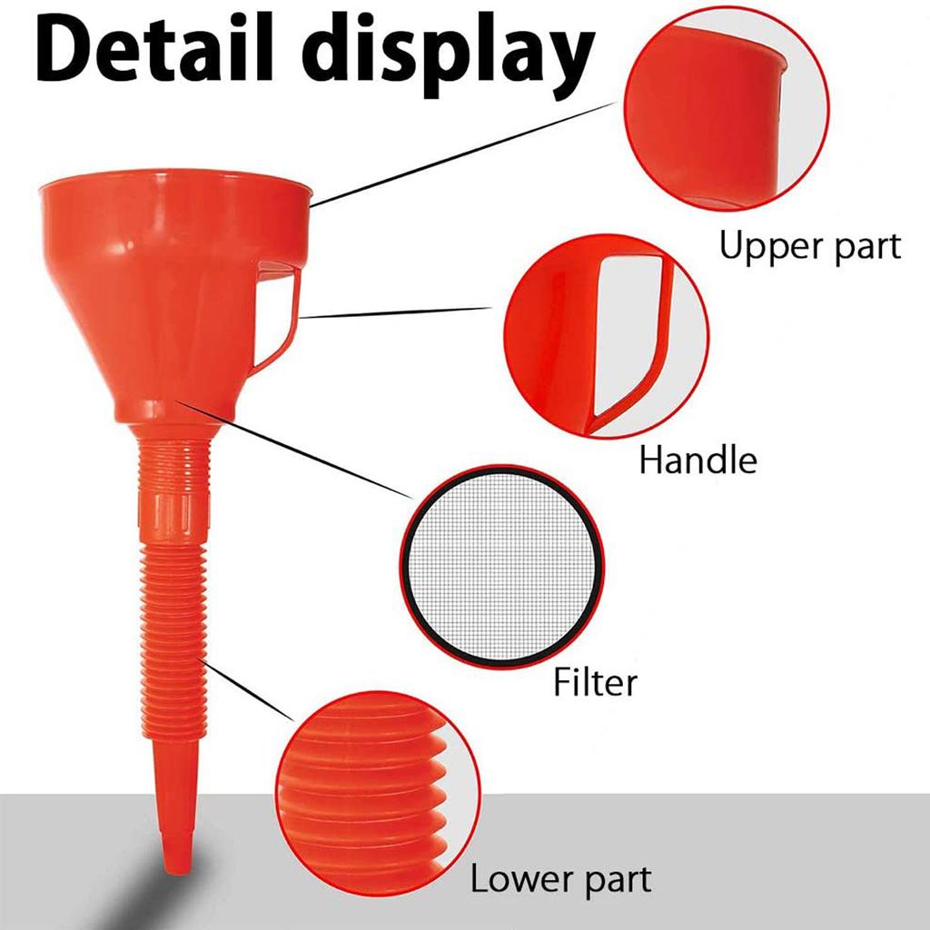 Benzintrichter aus Kunststoff, Trichter mit Filter und flexibler Benzinauslaufverlängerung