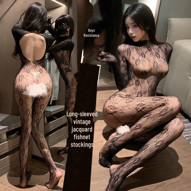 Feimu Retro Jacquard Long-Sleeved Fishnet Bodysuit with Finger-Covered Design