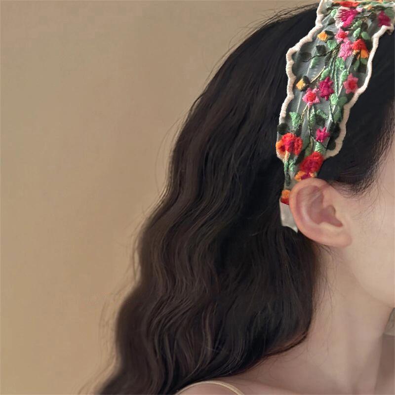 

Винтажная повязка для волос с вышивкой в виде цветов Новая широкая повязка на голову Высококлассная повязка для волос Элегантные цветочные аксессуары для волос