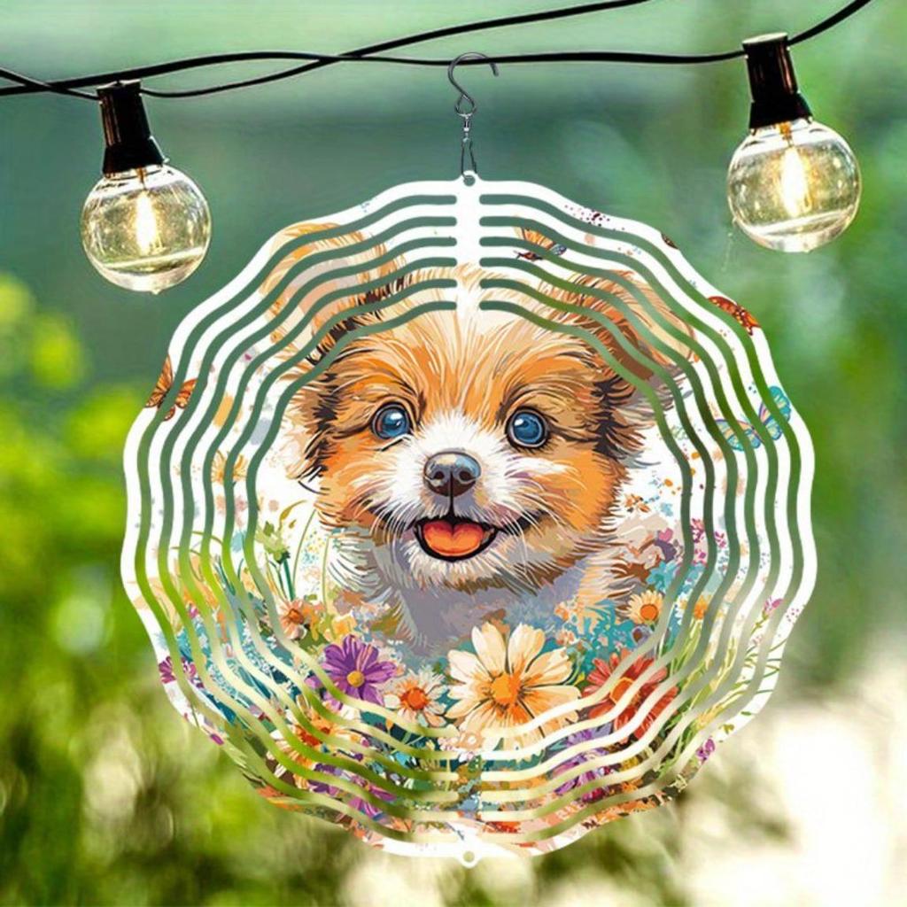 Cute Puppy 2D Kinetic Wind Chime for Outdoor Garden Decor Durable Metal Hanging Gift for Women Mom Grandma Wife Floral Accents Intricate