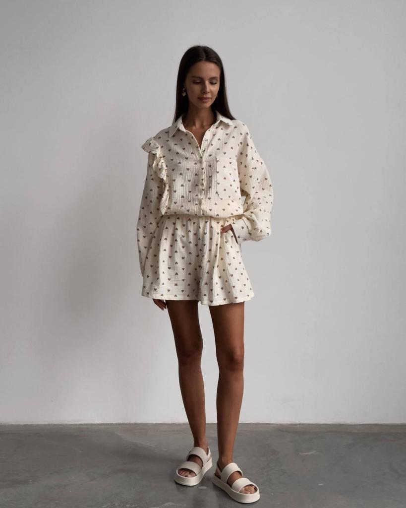Fashion Ruffle Heart Cotton Linen Homewear Set