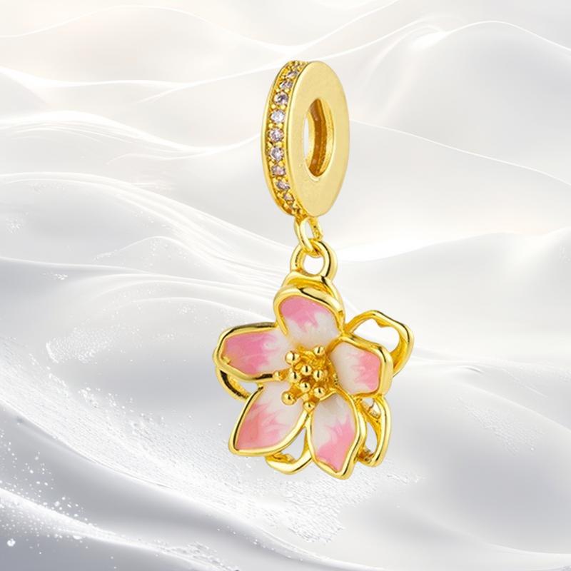 Cherry Blossom Flower Clip Charm Beads Dangle Fit Original Snake Silver Bracelet Necklace Bead For Diy Jewelry Women Gift