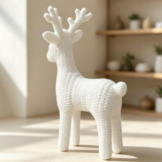 Minimalist Christmas Home Decor 3D Antler Deer Ornament for Decor, White Knitted Modern Winter Wonderland Texture Tabletop Figurine Holiday