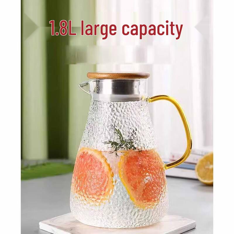 1.8L Hammered Glass Cold Water Pitcher with Bamboo Steel Lid