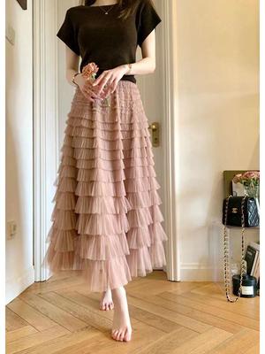 "2024 Spring/Summer Lotus Leaf Mesh Puffy Skirt: Spliced, Slim, Celebrity-Inspired, Long, Sexy Cake Style"