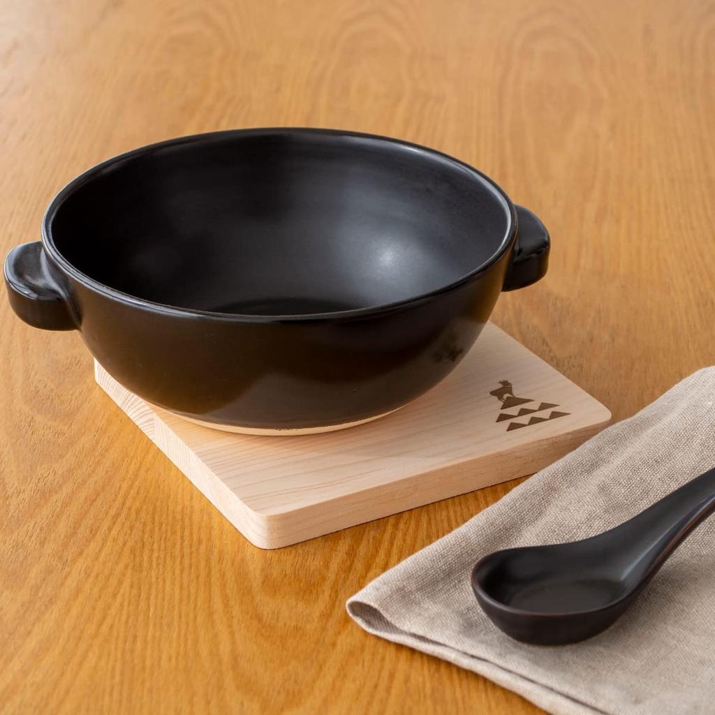 Kamoshika Dougu Store Open-Food Ramen Pot with Rice Spoon and Base, Single-Serving Pot and Serving Bowl, Banko Ware, Made in Japan, Black