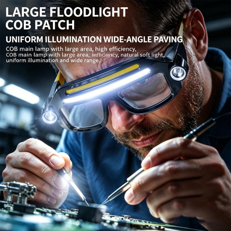 Rechargeable LED Safety Glasses with USB Charging, Front LEDs and Side Spotlights for Repair and Camping Work Use