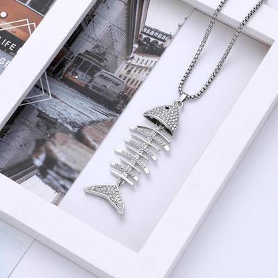 Collier Arête de Poisson Diamant Cristal Style Coréen - Chaîne Pull Longue Tendance Fille Cool