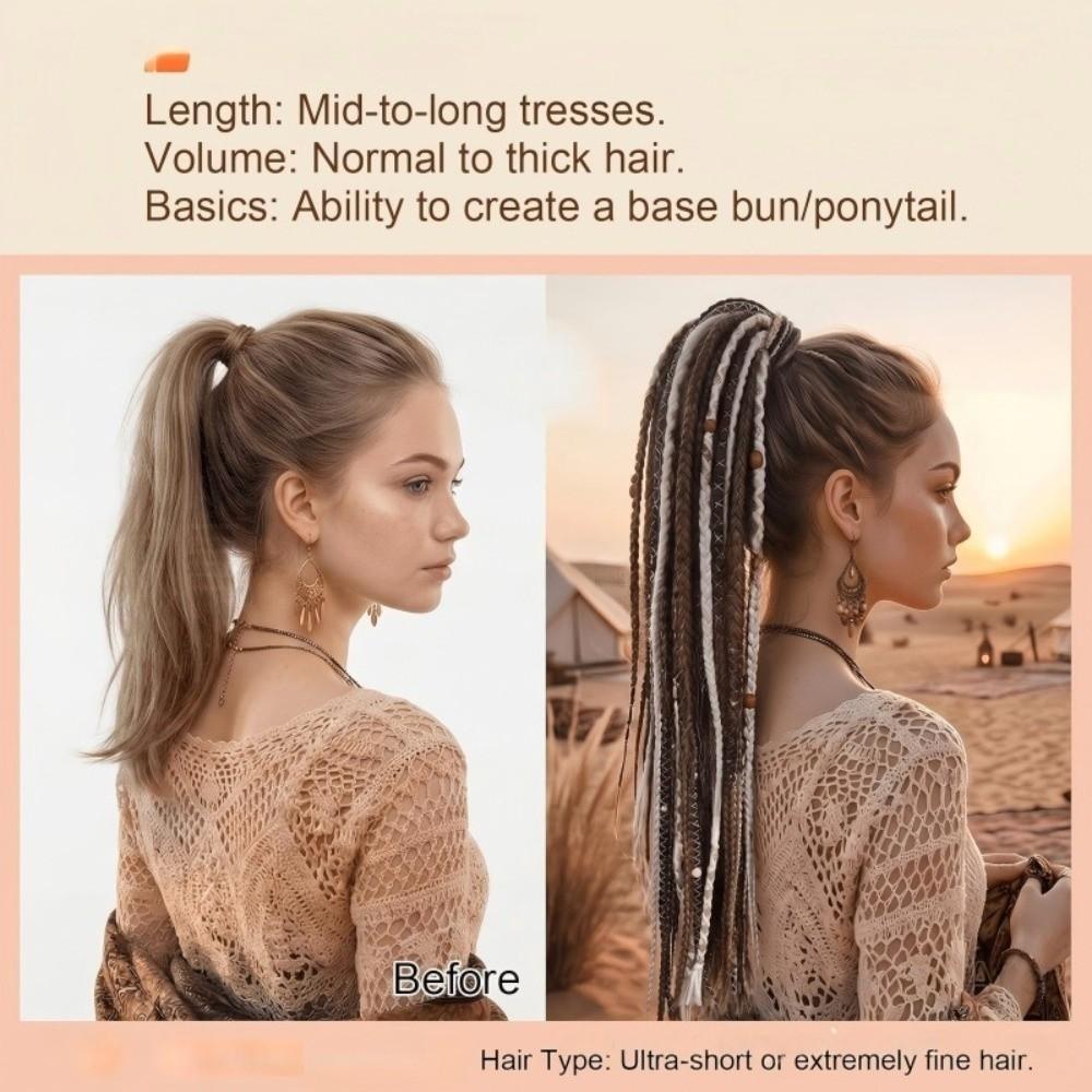 Beaded Accents Braided Ponytail Extension Hand Woven Boho Braid Dreadlock Hairpiece Daily Styling