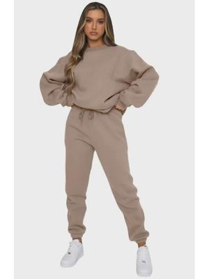 Conjunto de jersey y pantalón de cuello redondo de color liso para mujer europea y americana - Traje informal de manga larga para otoño/invierno