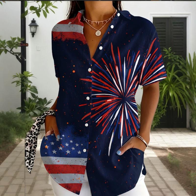 Womens Loose Casual Printed Short Sleeve Lapel Button Vacation Shirt XS