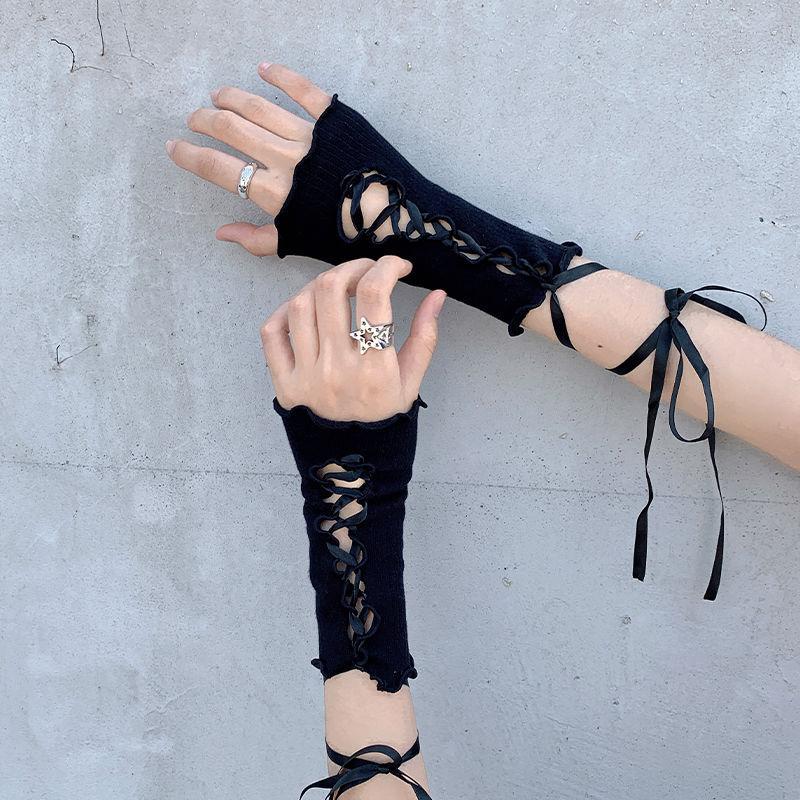 

Women Lace Fingerless Gloves Black Gothic Diy Strapping Sunscreen Sleeve Clothing Accessories Elastic Mesh Punk Gloves
