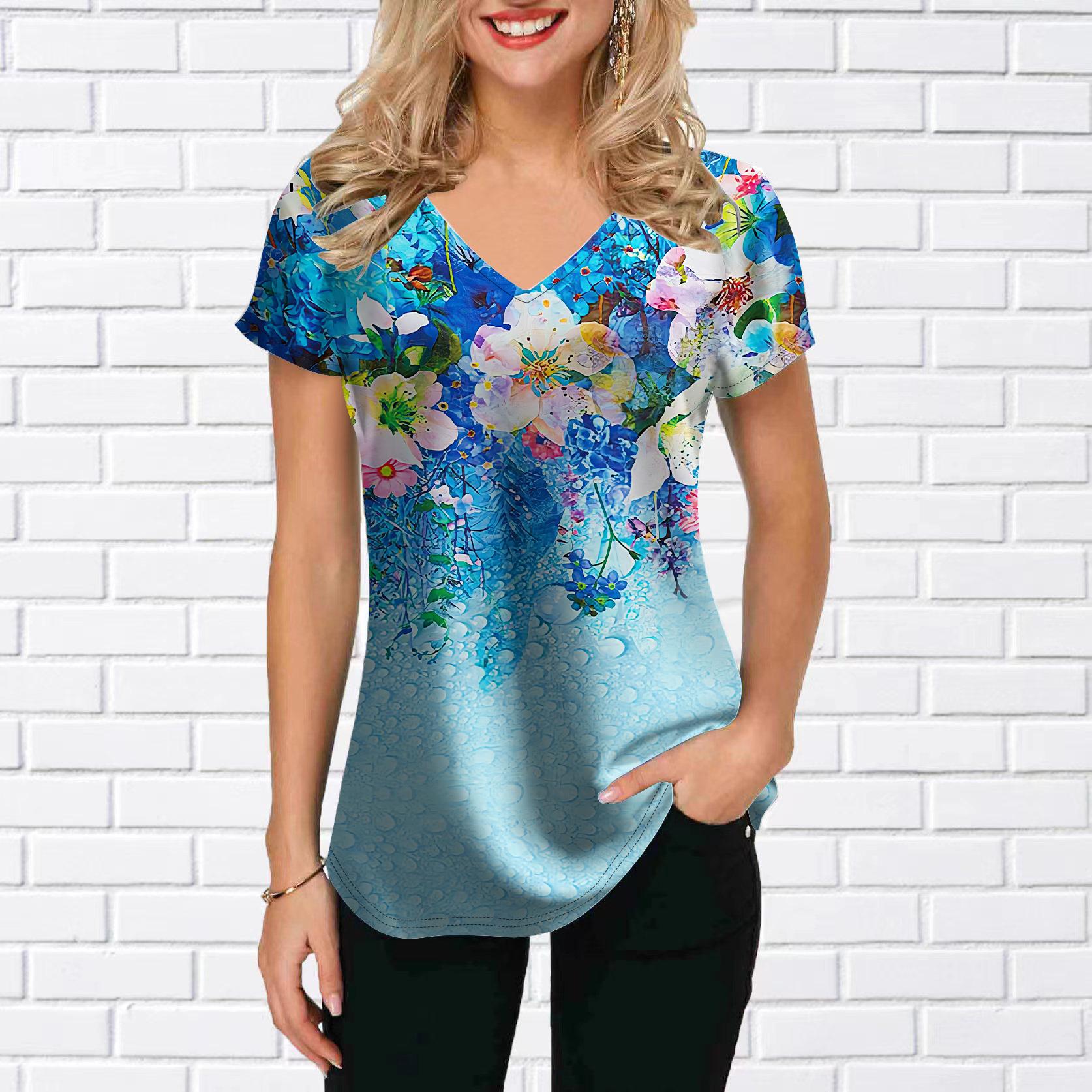 

Женские топы с v-образным вырезом и коротким рукавом подсолнечника, китайский колокольчик с принтом, свободная футболка, повседневная блузка 8XL светло-синий