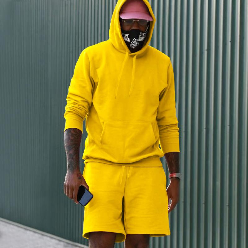 Men's Fleece Hoodie Shorts Two-piece Loose Solid Color Casual Sports Men's Suit