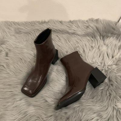 Chunky Boots Woman British Style Square Toe PU Leather Ankle Boots Female Comfort Walking Office Dress Shoes Ladies Footwear