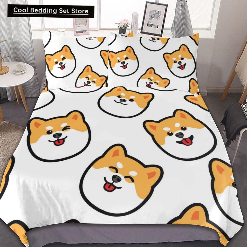 Cartoon Shiba Inu King Queen Bedding Set Yellow Pet Puppy Duvet Cover Cherry Blossoms Tree Quilt Cover Polyester Comforter Cover