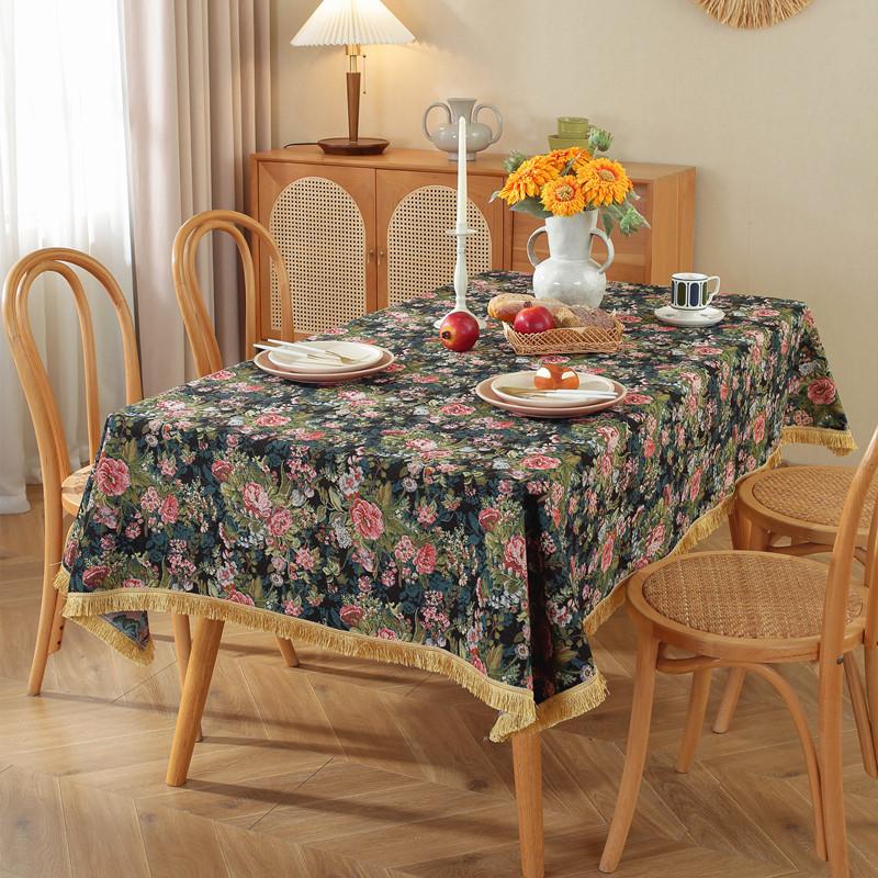 Polyester Cotton Color Woven Jacquard Flower Geometric Gold Fringed Tablecloth Rectangular Coffee Table Tablecloth Dining Table Cloth
