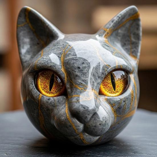 Realistic Cat Head Sculpture Hand-Carved Cat Head Statue Figurine Home