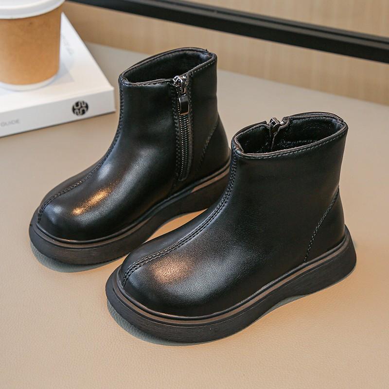 Children Boots Simple Girls Ankle Boot Black Kids Short Leather Boots Side Zipper Thick Bottom Autumn Winter