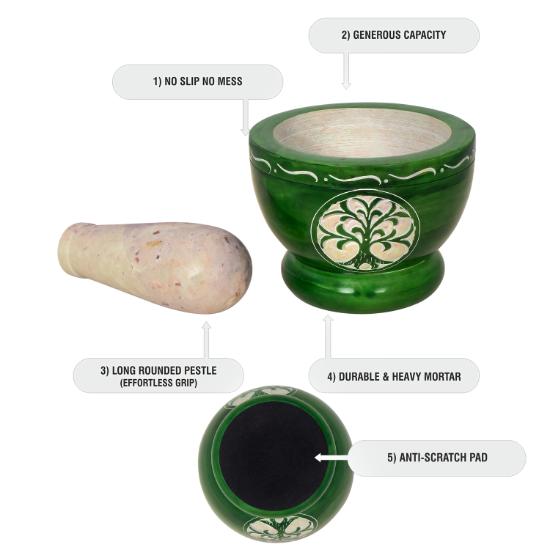 Divit Shilp Mortar and Pestle, Natural Stone Grinder for Spices, Pastes, Herbs, Seasoning etc. (Green Tree of Life)