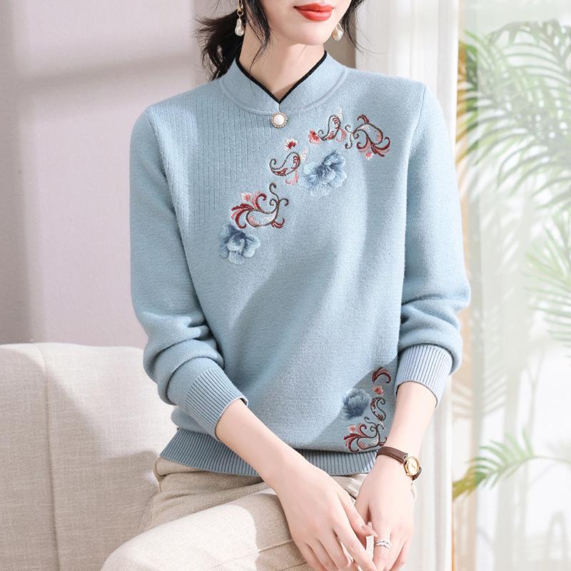 Embroidered Velvet Knit Sweater for Women - Autumn/Winter, Versatile & Warm for Middle-aged/Elderly