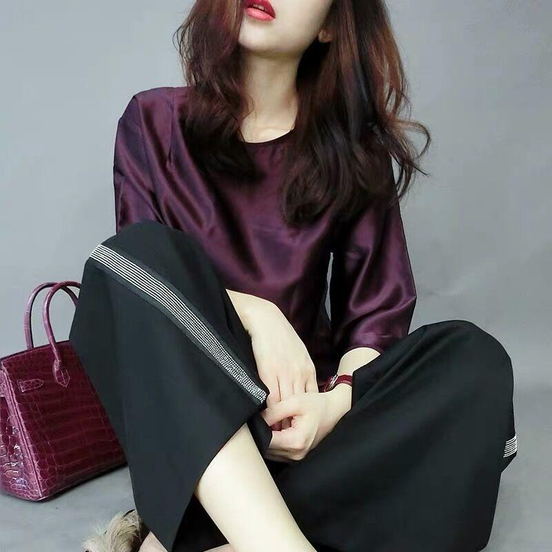 Elegant O-Neck Solid Color 3/4 Sleeve Oversized Satin Blouse Spring and Summer Casual Tops Loose Office Lady Shirt