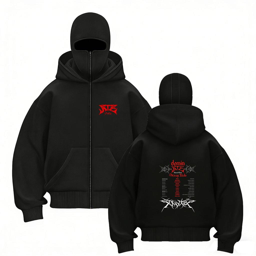 Stray Kids Skz Harajuku Printed Stray Kids Double Hood Zip-Up, Harajuku Print SKZ Hoodie for STAY Two-hat Zip-up Shirt for Men and Women