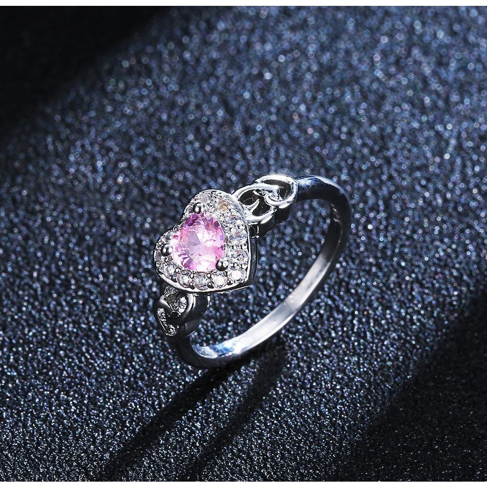 Heart Shaped Pink Zircon Crystal Micro Pave Ring Silver White Gold Plated Jewelry for Women no. 6