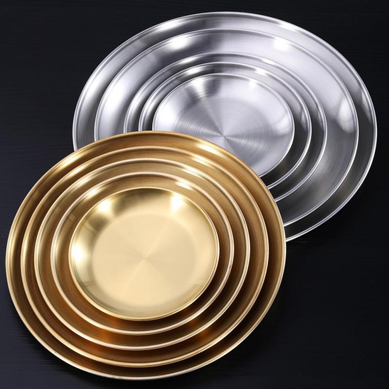 Kitchen Stainless Steel Round Food Tray Korean Style Steak BBQ Buffet Plates Shallow Thicken Durable Dishes Storage Containers