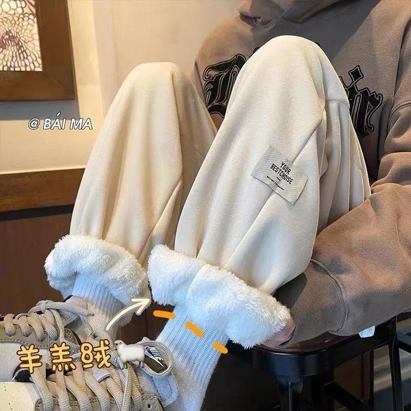Casual Lamb Fluff High Waist Women Jogger Baggy Pantalones Winter Thicken Warm Fleece Lined Sweatpants Ankle-length Trousers