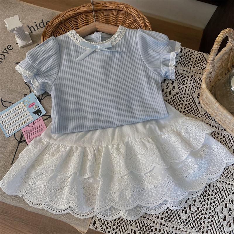 

Комплект детской одежды в корейском стиле, летний, для девочек, футболка с короткими рукавами-буфами, детская кружевная короткая юбка, комплект из двух предметов 150