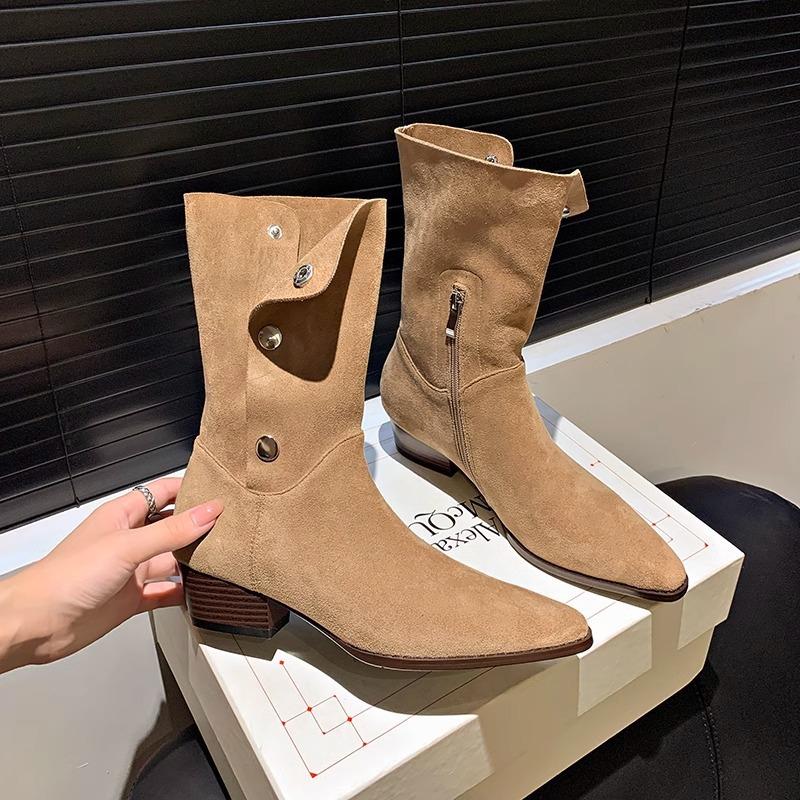 2025 pointed toe matte suede western cowboy boots high heel knight boots short stacking boots women's fashion boots tide