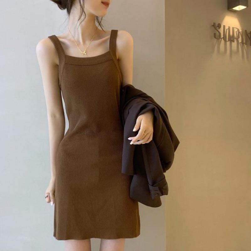 Women's Korean-Style Knitted Spaghetti Strap Dress - Slimming & Flattering, Perfect for Spring and Autumn Layering