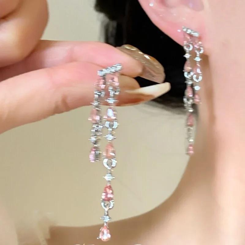 Romantic Pink Sweet Zircon Flower Earrings Super Fairy French Temperament Stud Earrings Jewelry Accessories Gift for Women