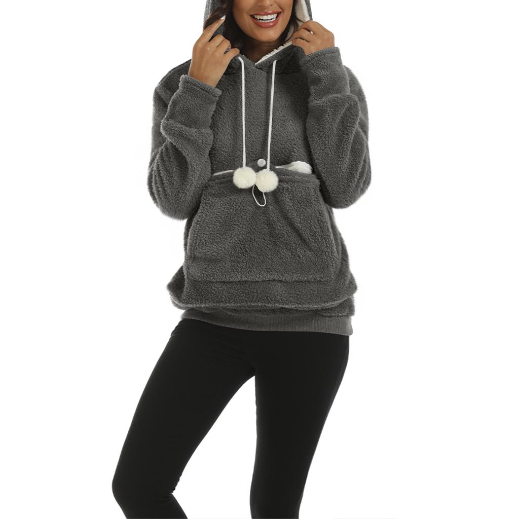 Women's Fashion Casual Top Solid Color Long Sleeve Pet Pocket Hoodie Sweatshirt
