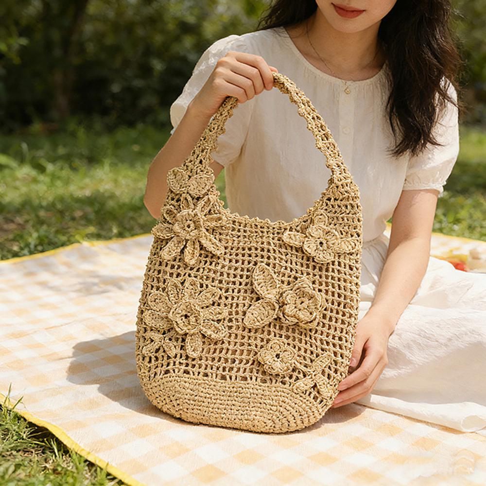 Bohemian Blume Strandtasche Hohl Gewebte Umhängetaschen für Damen Rose Häkeln Strohtasche Meeresblumen Strick Shopper Tasche Hobos