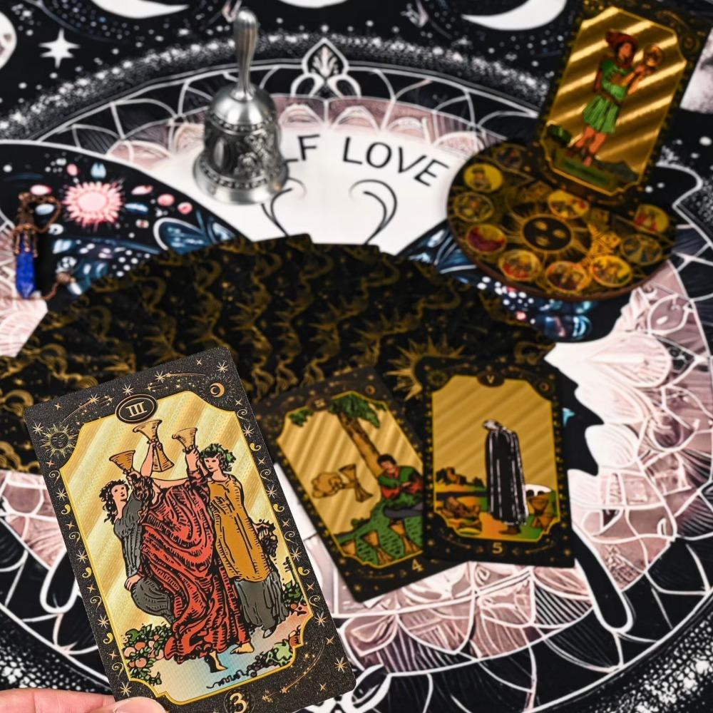 Black Gold Gilded Mystic Tarot Deck, Divination Tool with Luxury Finish 12*7cm 78 Pcs Waterproof Cards Based on Rider System