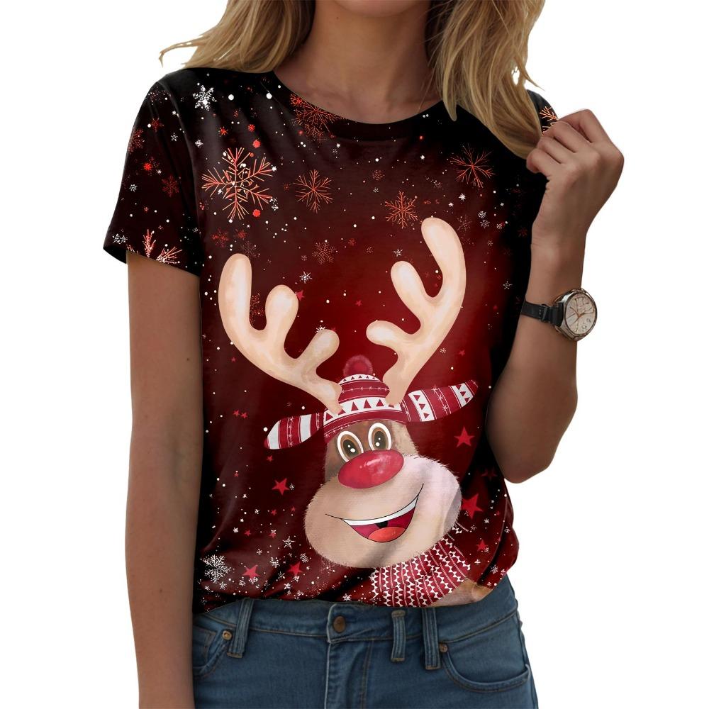 Women's Christmas Printed Casual Round Neck Short Sleeved T-shirt