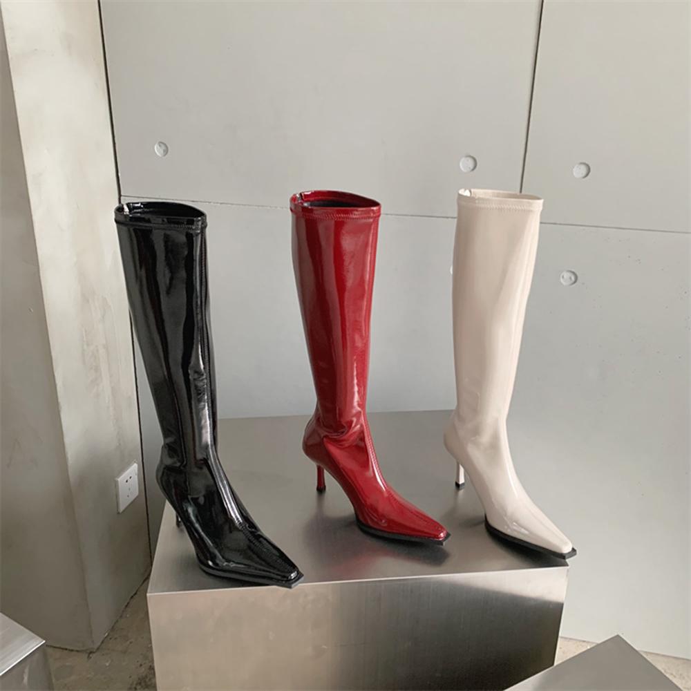 Fashion Patent Leather Women Knee High Boots Pointed Toe Knight Botas Thin High Heels Back Zipper Black Red Beige Soft Party Winter Bota