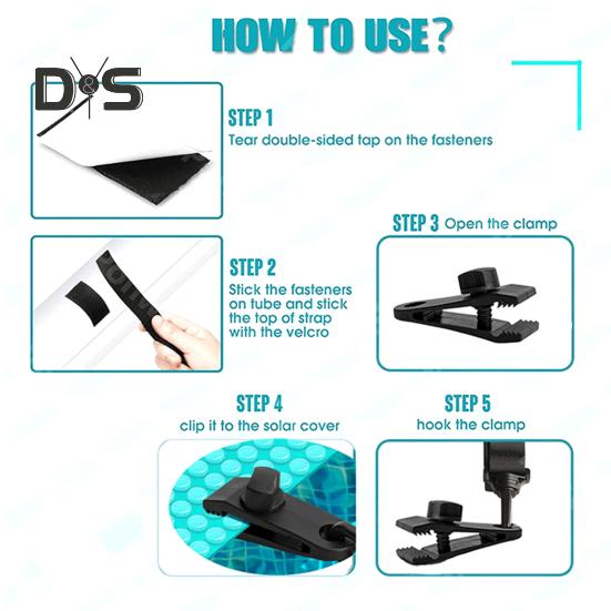 Set de curele pentru acoperiș de piscină, kit de fixare a rolei pentru acoperiș solar de piscină, 6 curele cu cârlige, cleme, elemente de fixare cu arici și buclă, fixează păturile solare pe role pentru
