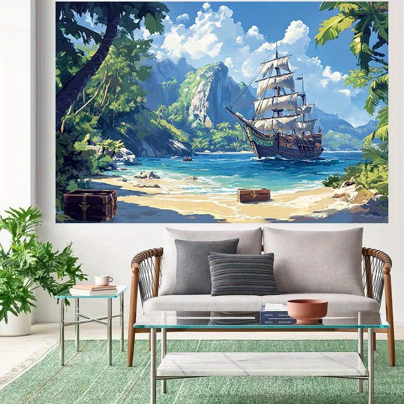 2D Flat Pirate Ship Adventure Polyester Background Fabric - Beach Scenes and Sailboats Suitable for Party Backgrounds