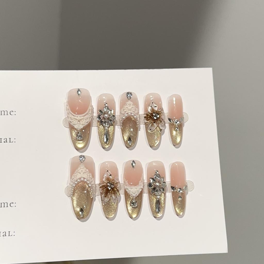 Women Press‑On Nails Pure‑Handmade Dunhuang Ice Flower Golden Cat Eye Rhinestone False Nail Patches