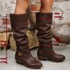 Fashion Slip On Thick Heels Knee High Boots Women Metal Decor Non Slip Pu Leather Boots Woman Plus Size 36-43 Retro Long Botas Mujer