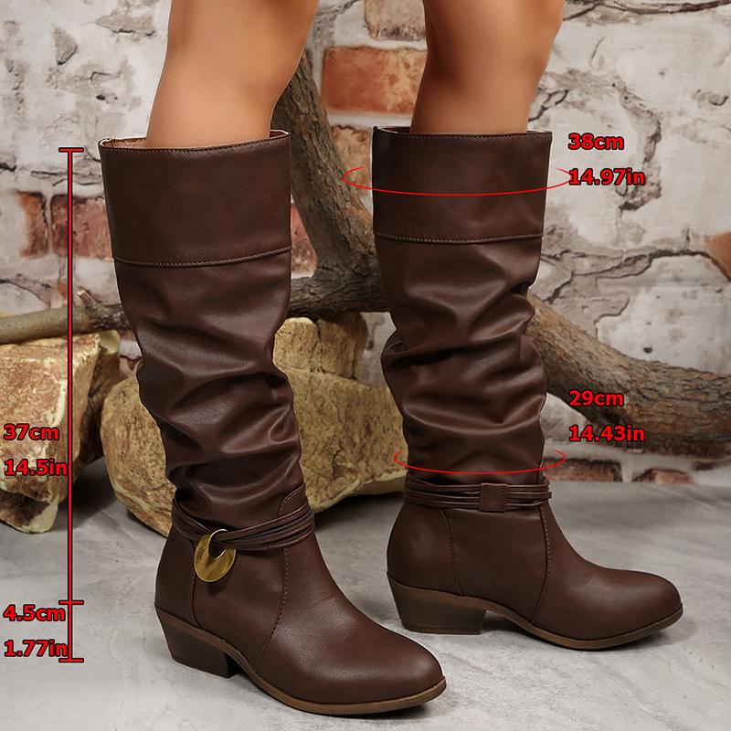 Fashion Slip On Thick Heels Knee High Boots Women Metal Decor Non Slip Pu Leather Boots Woman Plus Size 36-43 Retro Long Botas Mujer