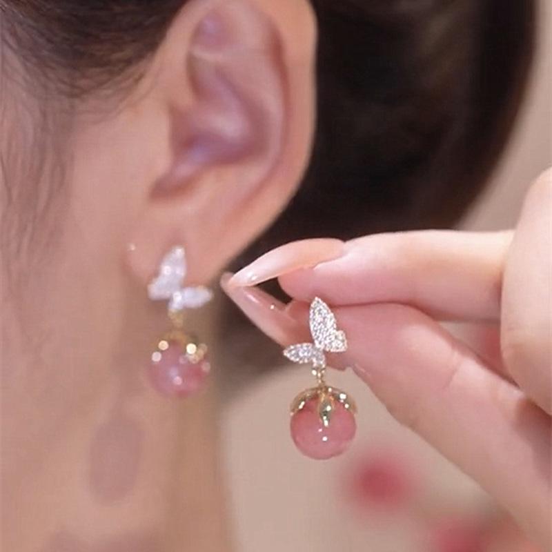 Korean Fashion Butterfly Earrings Earrings for Women Pink Opal Dangle Earrings Valentines Day Anniversary Birthday Jewelry Gift