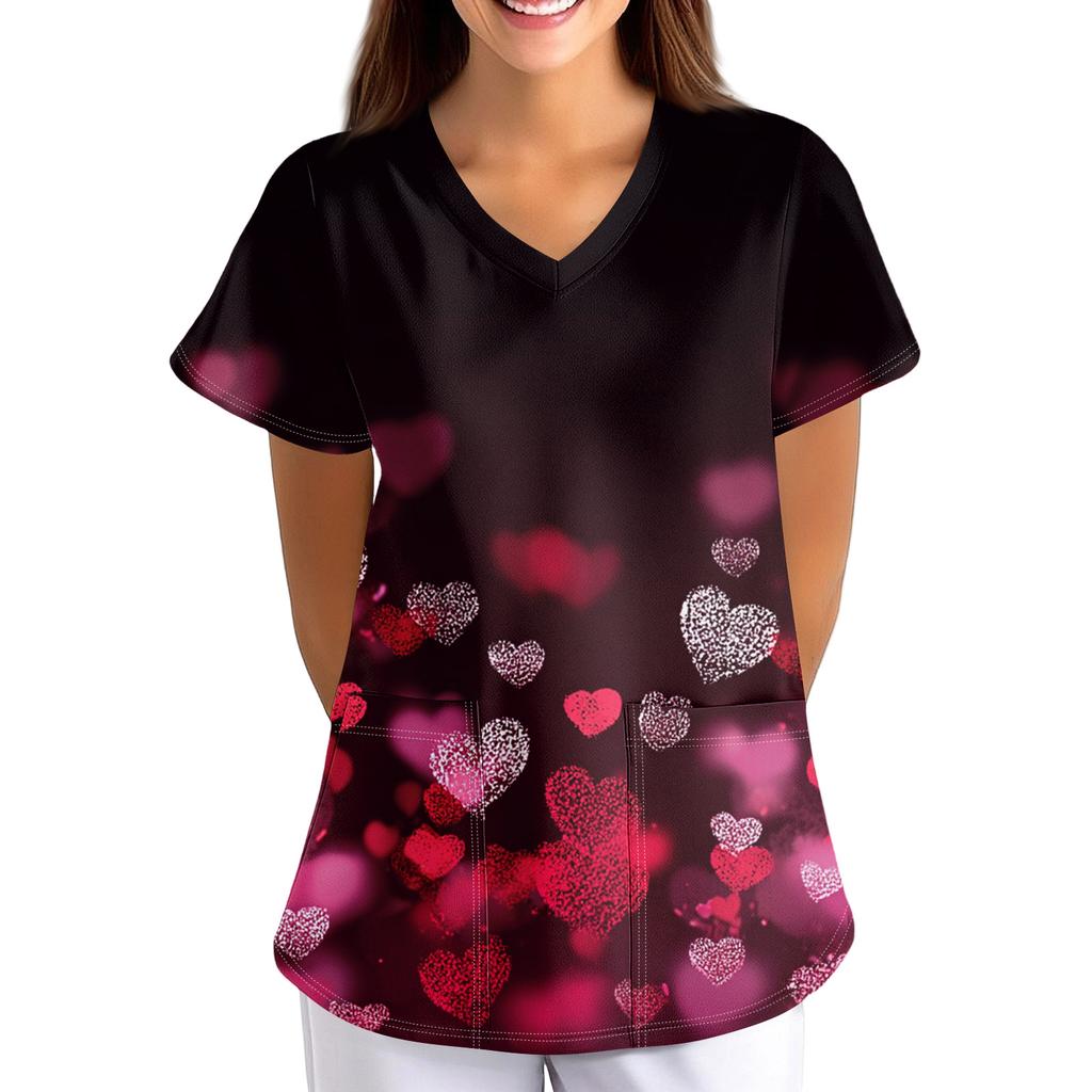 Plus SizePrinted Scrub Working Uniform Tops For Women's Cross V-Neck Print Short Sleeve Fun T-Shirts Workwear Tee With Pockets